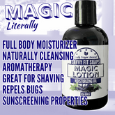 Savvy Fit Soaps Magic Lotion Moisturizing Oil, highlighting its benefits for deep hydration, nourishment, and smooth, glowing skin.